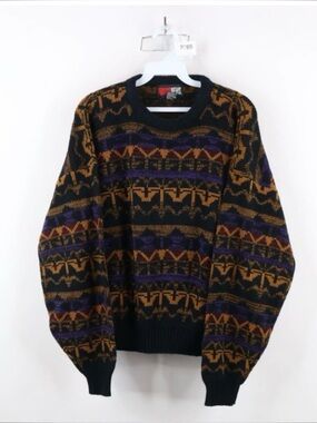 Vintage 90s Today’s News - Men's Black Geometric Pattern Crewneck Sweater